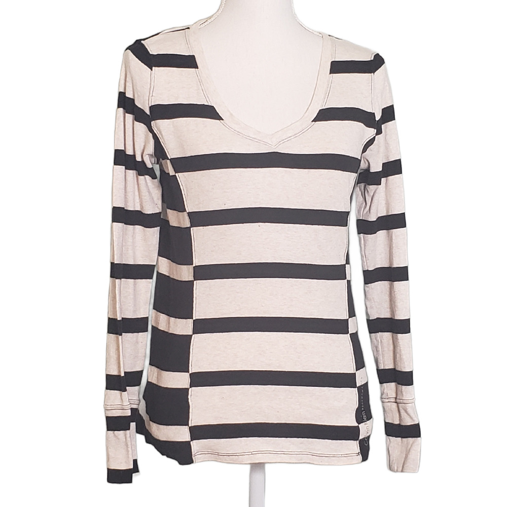 Calvin Klein Performance Long Sleeve Striped T-Shirt - Black and Cream White